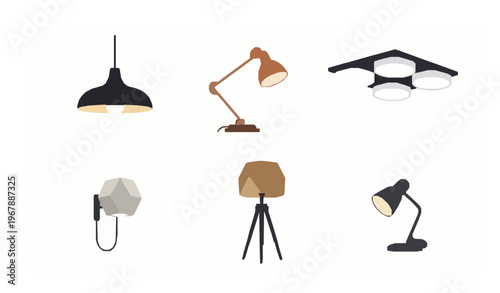 Modern lighting vector set with pendant, floor, table, wall and LED lamps for contemporary interiors