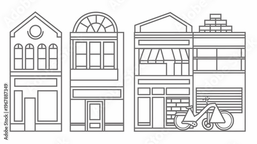 Gray outlined flat buildings, including a bicycle leaning against the side wall