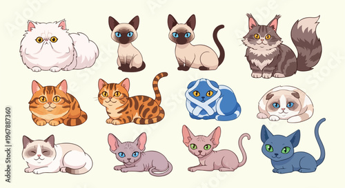 cute cat breeds cartoon collection in one frame, Persian Siamese Maine Coon British Shorthair Bengal Scottish Fold Ragdoll Sphynx Russian Blue, soft pastel cartoon style