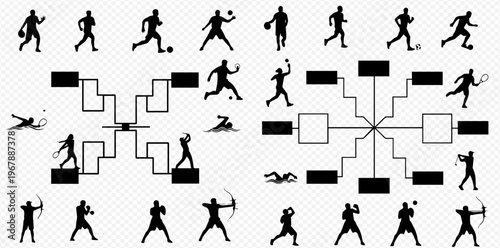 Collection of various sports silhouettes including running, soccer, basketball, tennis, swimming, boxing, and archery, with abstract geometric elements.