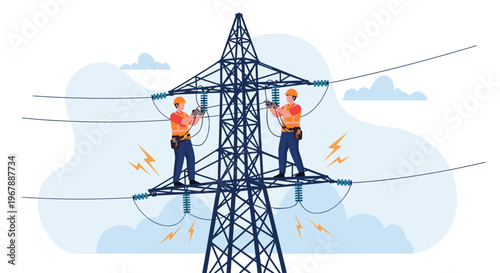 Electrical technicians working on a high voltage power line tower against a soft cloudy sky background.