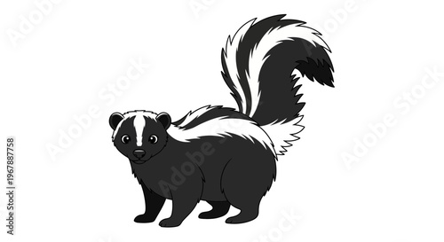 Cute Cartoon Skunk with Black and White Stripes, Isolated on White
