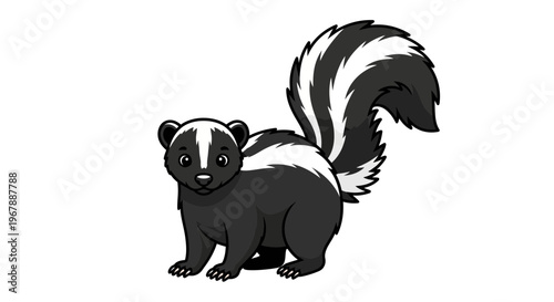 Cute cartoon skunk with black and white stripes, isolated on white background.