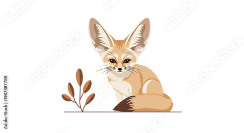 Cute Fennec Fox with Big Ears Sitting Next to Plant on White Background
