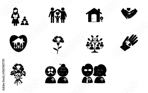 Carnation and Family Appreciation Icon Set – Black and White Symbols for Parents’ Day, Teachers’ Day and Gratitude

