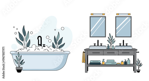 Interior design of a bathroom featuring a large bathtub with bubbles and a modern double vanity sink area.