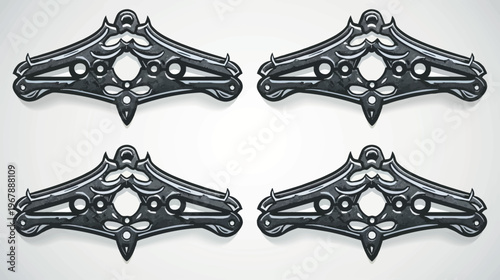 Four identical, metallic ornate headbands on a white background, detailed and symmetrical