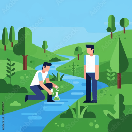 Scientists Collecting Water Samples from a River for Analysis.