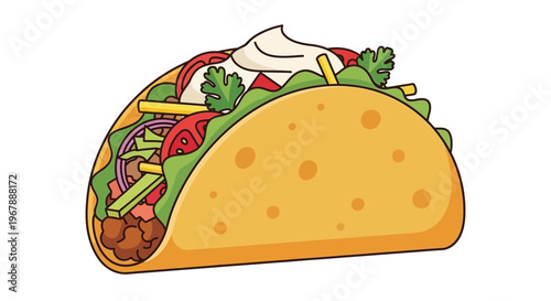 Delicious Cartoon Taco with Fresh Ingredients on White Background