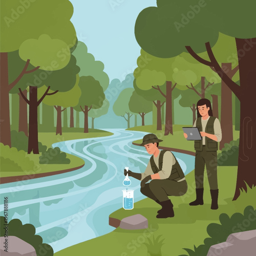 Scientists Collecting Water Samples for Environmental Analysis in Nature.