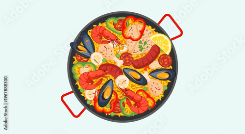 Delicious Seafood Paella Dish with Shrimp, Mussels, and Chorizo - Top View Illustration