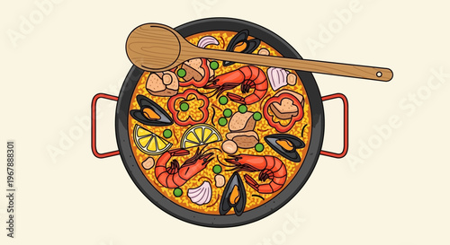 Delicious Seafood Paella Illustration with Wooden Spoon