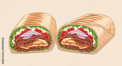 Delicious Shawarma Wraps with Meat, Fries, Salad, and Onions