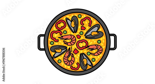 Delicious Seafood Paella Dish Top View Flat Design on White Background