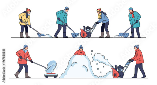 Various people using snow shovels and snow blowers to clear a path during the cold and snowy winter season.