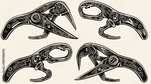 Four vintage, textured shearing tools are placed against a light background