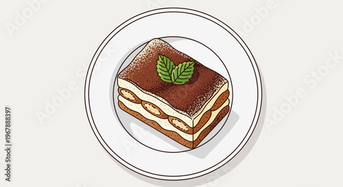 Delicious Tiramisu Dessert with Mint Leaves on White Plate, Hand-Drawn Style