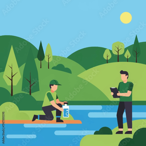 Water Quality Testing by a River with Two People.