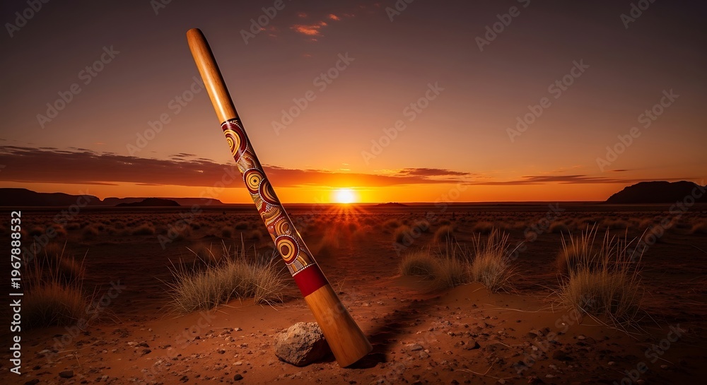 Fototapeta premium Traditional australian aboriginal didgeridoo standing upright in the desert at sunset