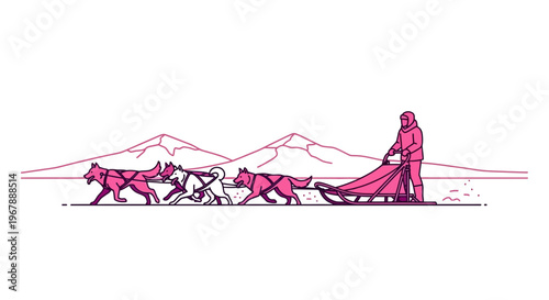 Dog Sledding Illustration: Musher and Pack Pulling Sled Across Snowy Landscape