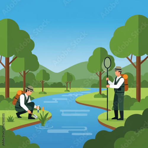 Two Biologists Collecting Samples by a River in a Forest.