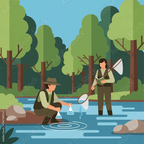 Scientists Collecting Water Samples in a Forest Stream.