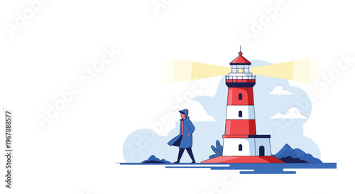 Man walking past a tall red and white lighthouse emitting bright beams of light on a cloudy and scenic day.