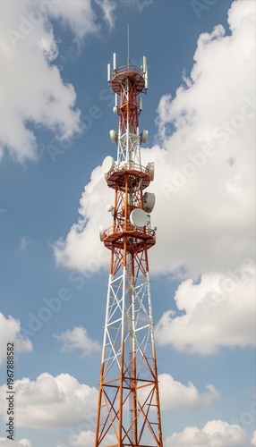 Telecommunication Tower with Antennas and Dishes Against Blue Sky with Clouds
