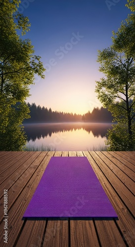 A purple yoga mat sits on a rustic wooden deck surrounded by lush green trees and a calm lake at dawn, reflecting tranquility and peace, silence, scenic, grass