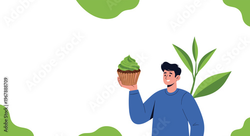 Man holding a delicious cupcake with green matcha frosting against a background of green tea leaves.