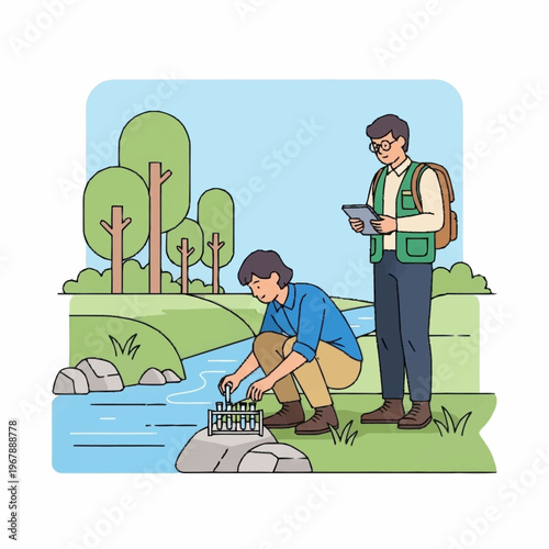 Scientists Analyzing Water Quality Near Riverbank.