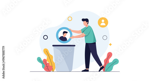 Concept of user account deletion or social media exit showing a man throwing a profile icon into a bin.