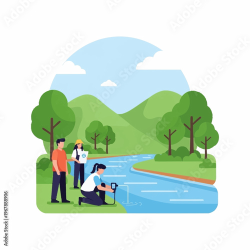 Water Quality Assessment Team Inspecting River Environment.