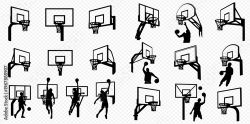 Set of basketball backboard and hoop silhouettes with players in action, isolated on a transparent background, perfect for sports designs and graphics.
