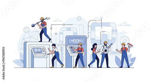Team of industrial workers or engineers operating heavy machinery and control panels in a modern factory.