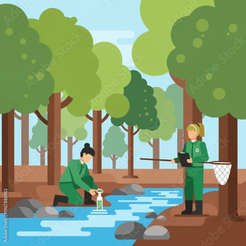 Scientists Collecting Water Samples in a Forest Stream.