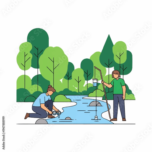 Water Quality Testing - People Collecting Samples in Nature.