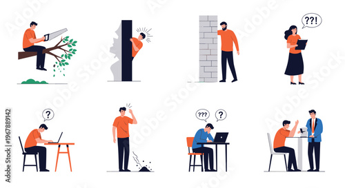 Set of illustrations depicting people facing various problems, failures, and moments of confusion at work.