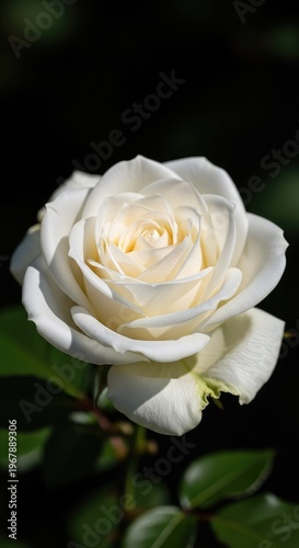 A stunning close-up of a pristine white rose in full bloom, showcasing its delicate petals, soft textures, and elegant floral structure, botanical, beauty, garden