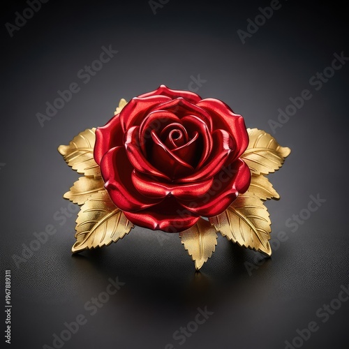 A stunning vintage gold brooch featuring a detailed red rose bloom with shimmering petals and intricate metallic leaves on a dark surface, precious, metal, glitz