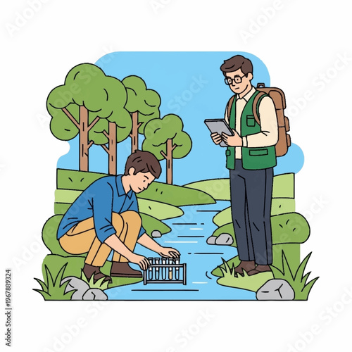 Scientists Studying River Ecosystem with Tablet and Trap.