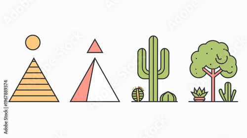 Desert landscape features linear illustrations of pyramids, cactus, tree and succulent