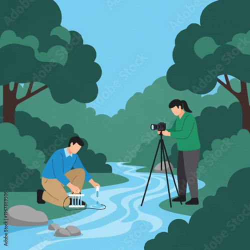 Scientists Conducting Water Quality Research in Natural Environment.