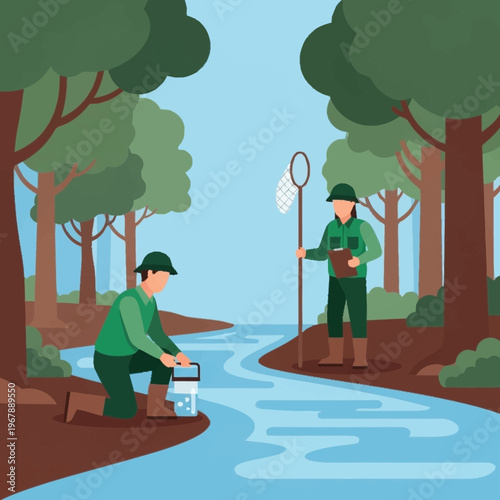 Scientists Collecting Water Samples in a Forest Stream.