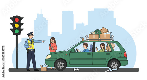 Traffic police officer stopping a car overloaded with cardboard boxes on a busy city street near a red light.