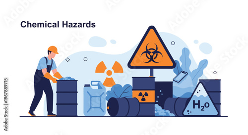 Industrial worker in protective gear standing near barrels and signs indicating chemical and radioactive hazards.