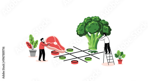 Surreal illustration of people playing tic-tac-toe using a large steak and a giant broccoli as game pieces.