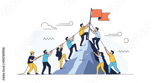 Group of motivated business people working together to climb a steep mountain and plant a flag at the summit.