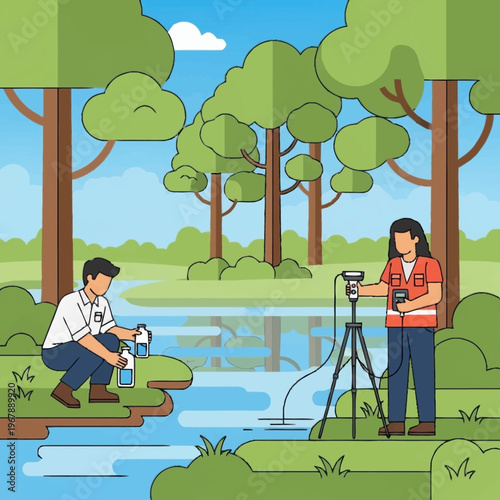 Water Quality Monitoring - Scientists Analyzing River Water Samples.