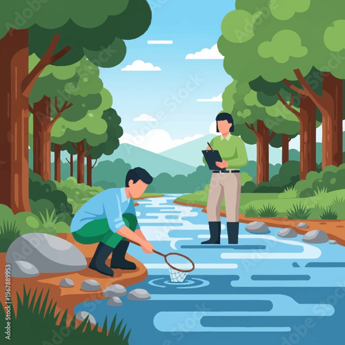 Scientists Examining Water Quality in a Forest Stream.